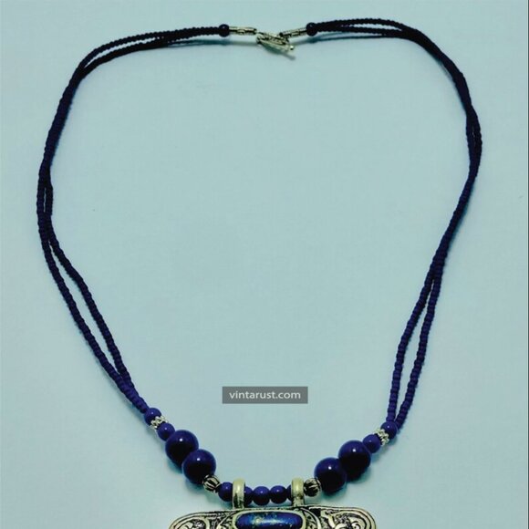 Handmade Lapis Lazuli Necklace, Tribal Beaded Chain Pendant Necklace, Gemstone - Picture 11 of 15